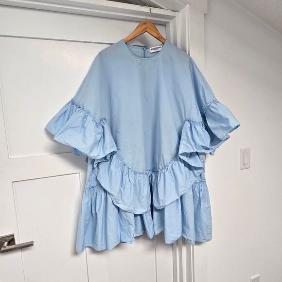 Essentiel Antwerp Becha Ruffle Poplin Oversized Tent Dress Blueberry Light Blue - Picture 4 of 15